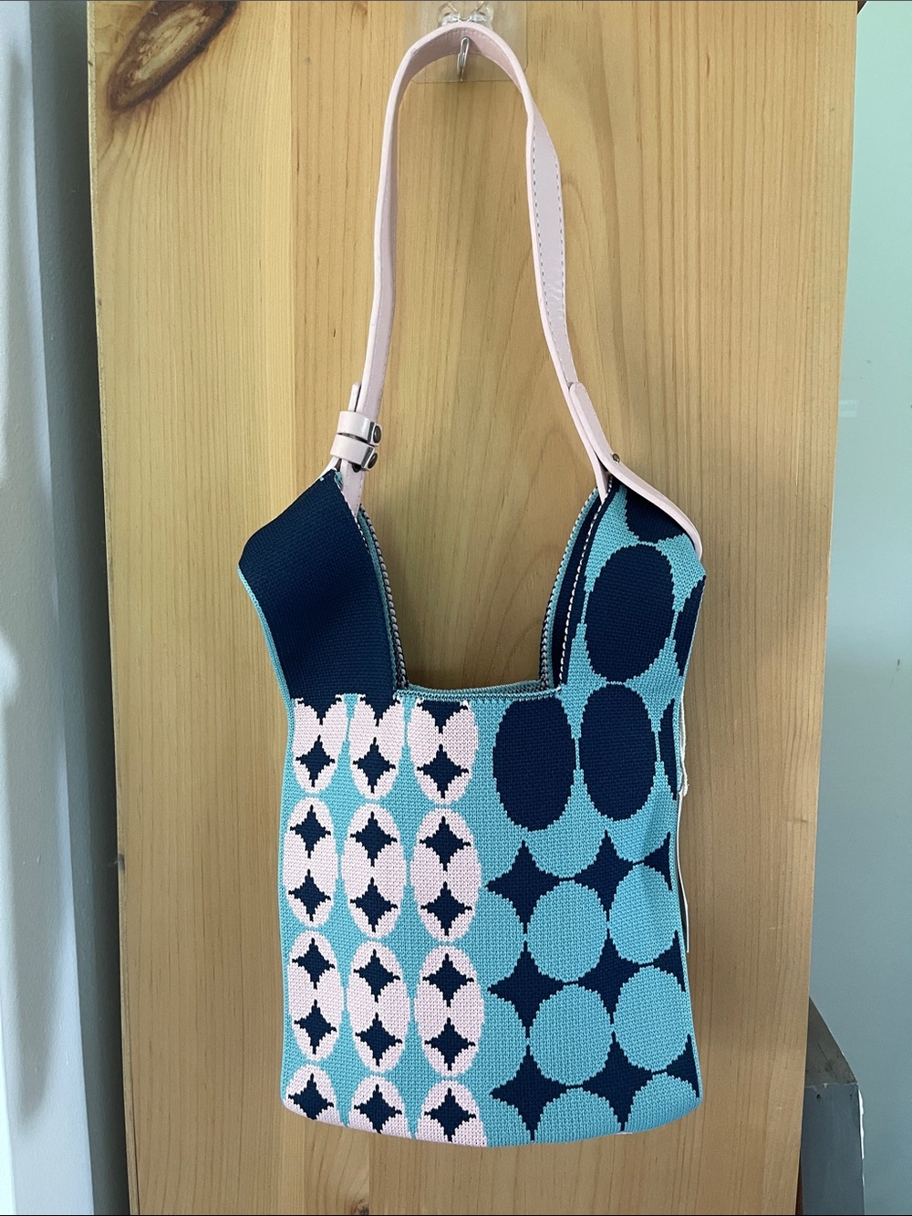 Lucca Couture sweater knit tote bag. Geometric; pink; blue, modern